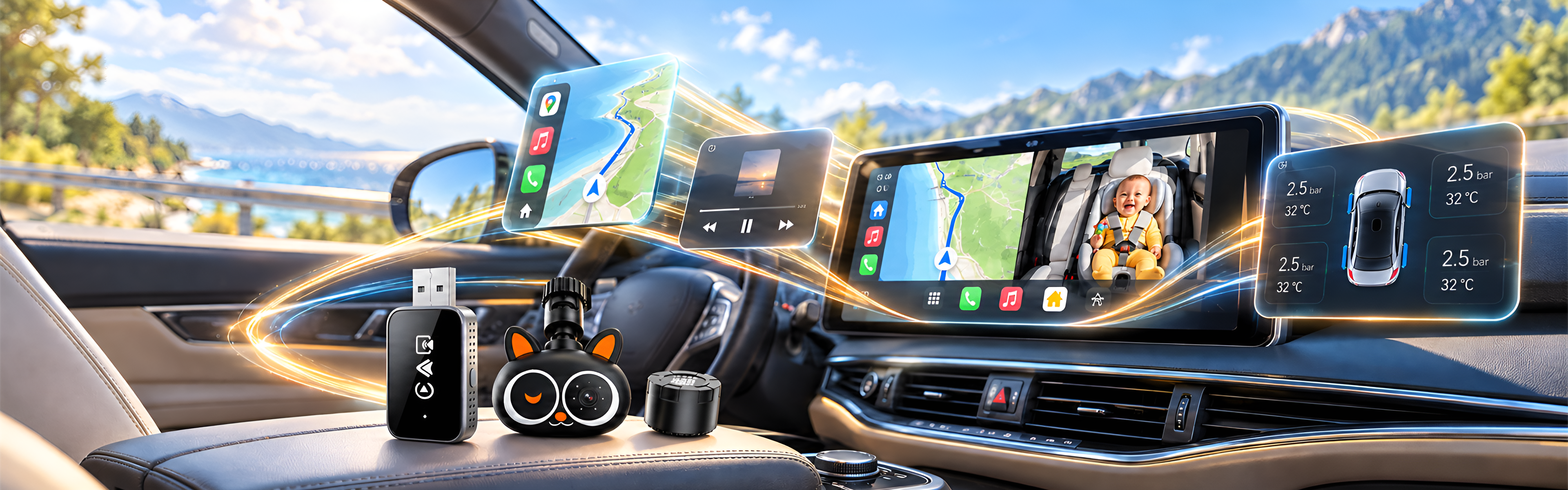 Spedal 6 合 1 CarPlay 盒子 — TPMS 胎压监测与 Baby Cam 婴儿监控