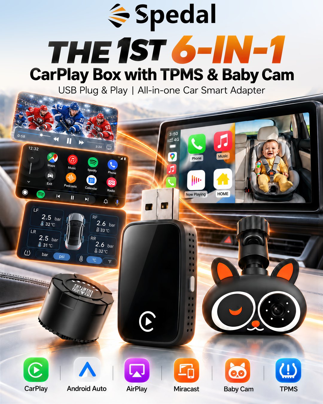 Spedal 6-in-1 CarPlay smart car box poster — TPMS and Baby Cam built in